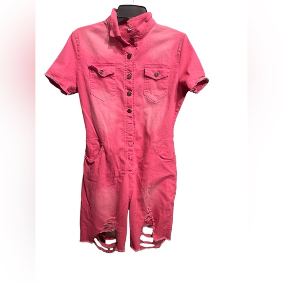 Fashion Women's Distressed and Cutout Pink Denim Jumpsuit Romper - Picture 1 of 9